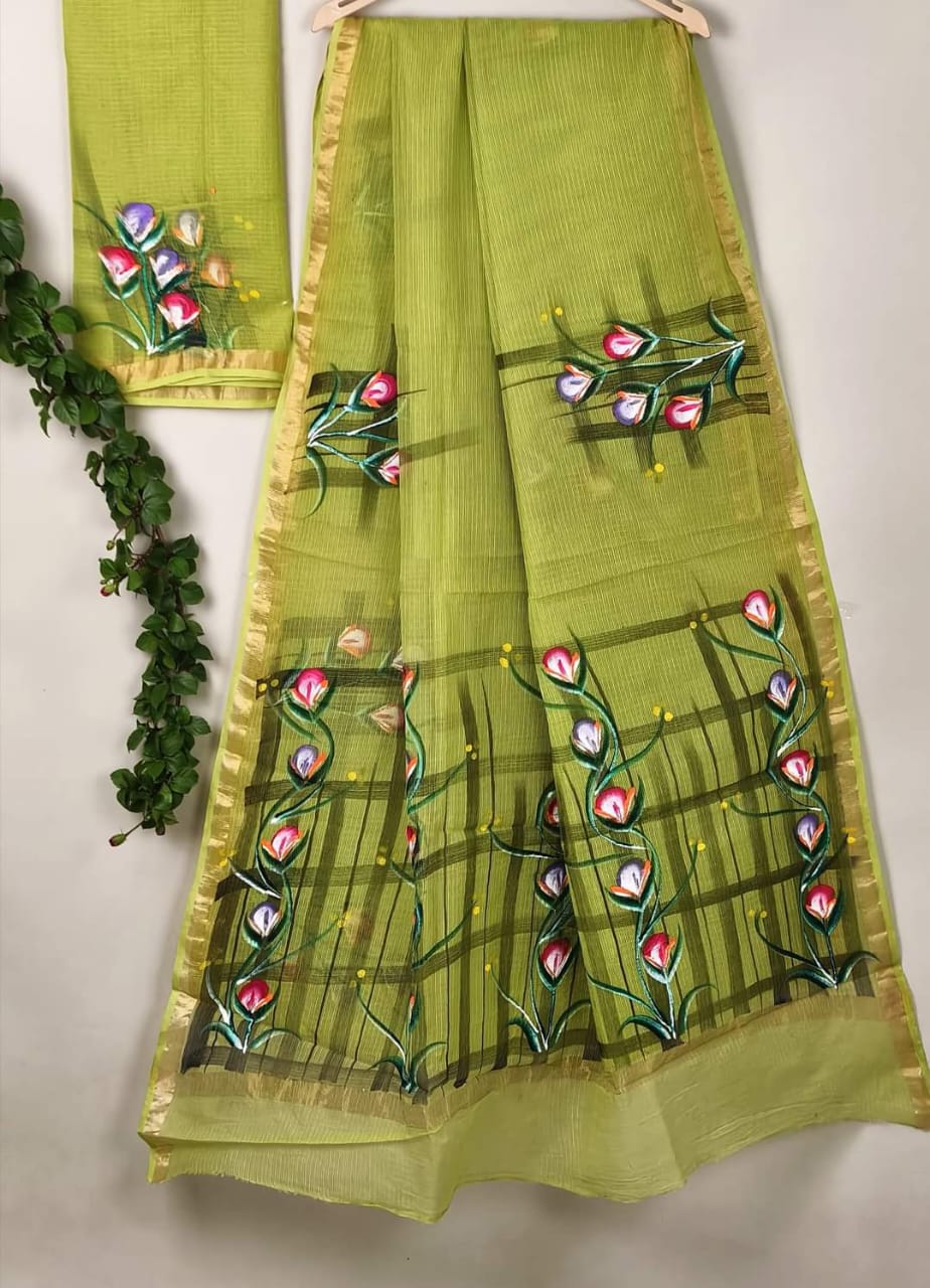Kota Cotton Saree with Hand Brush Painting Light Green