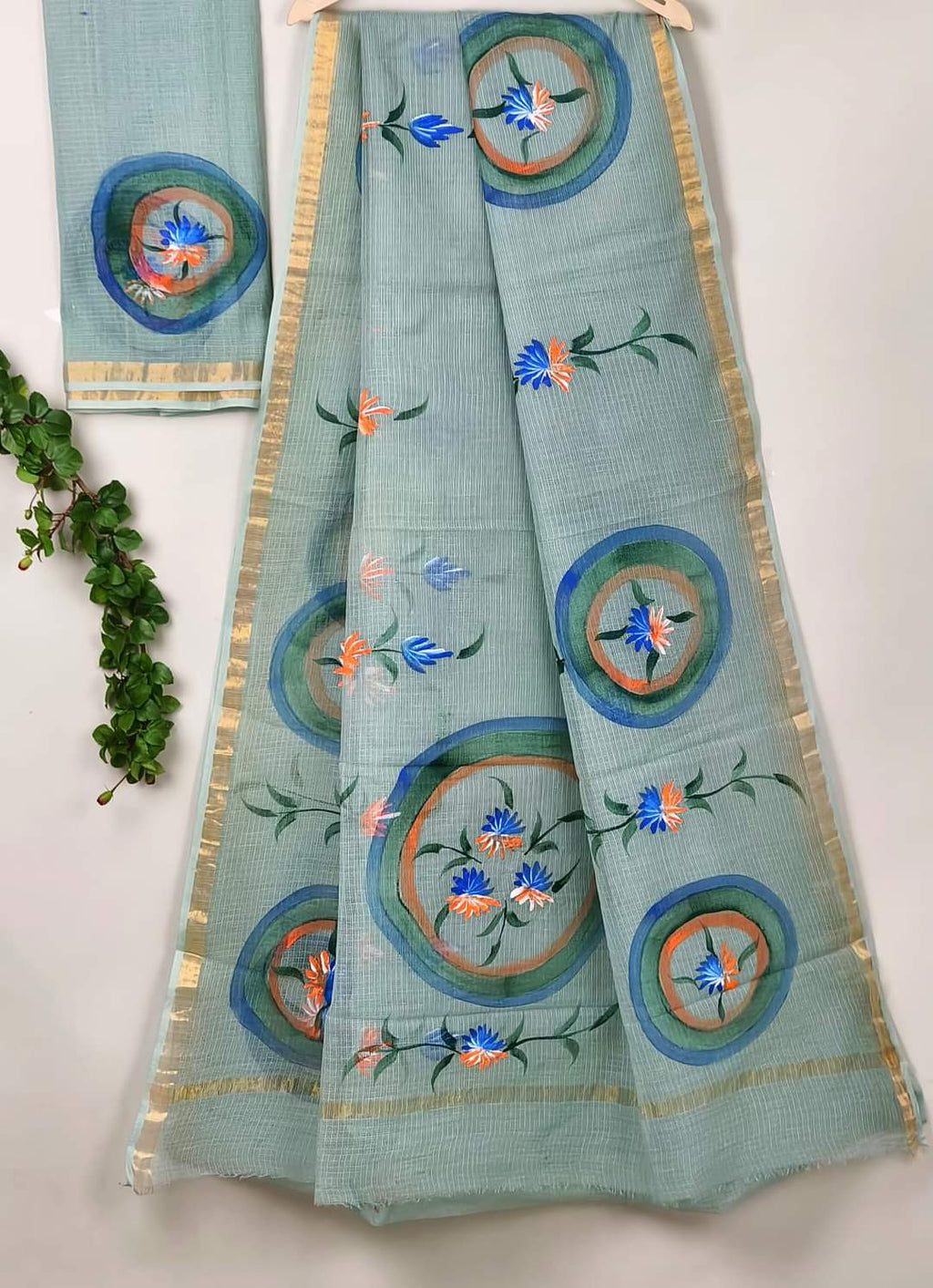 Kota Cotton Saree with Hand Brush Painting Light Blue