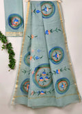 Kota Cotton Saree with Hand Brush Painting Light Blue