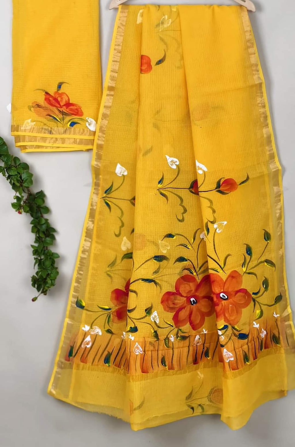 Kota Cotton Saree with Hand Brush Painting Yellow