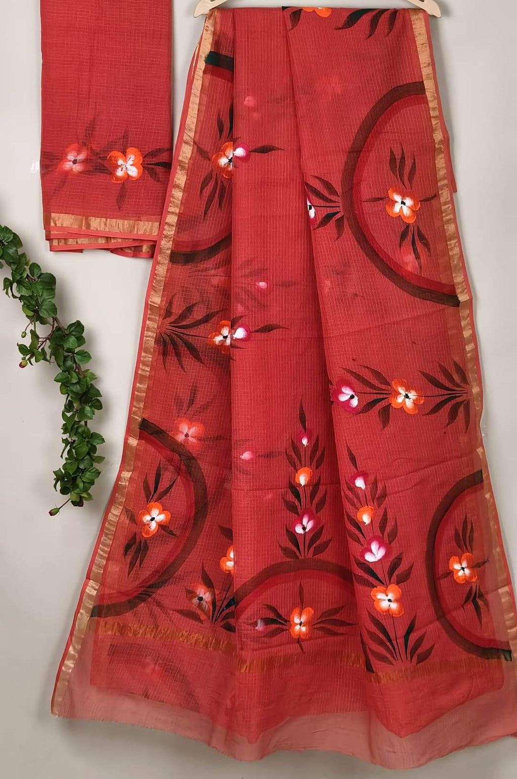 Kota Cotton Saree with Hand Brush Painting Light Red