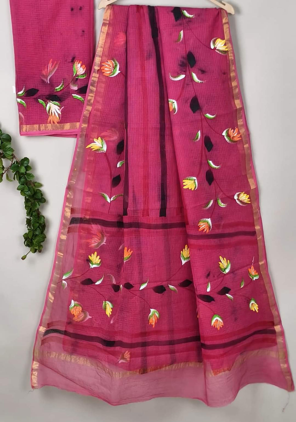 Kota Cotton Saree with Hand Brush Painting Floral Pink