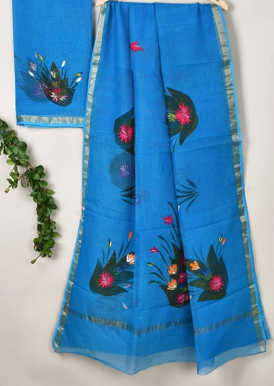 Kota Cotton Saree with Hand Brush Painting Bright Blue