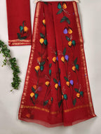 Kota Cotton Saree with Hand Brush Painting Bright Red