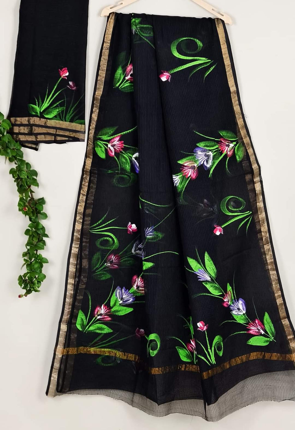 Kota Cotton Saree with Hand Brush Painting Black