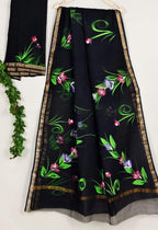 Kota Cotton Saree with Hand Brush Painting Black