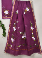 Kota Cotton Saree with Hand Brush Painting Purple