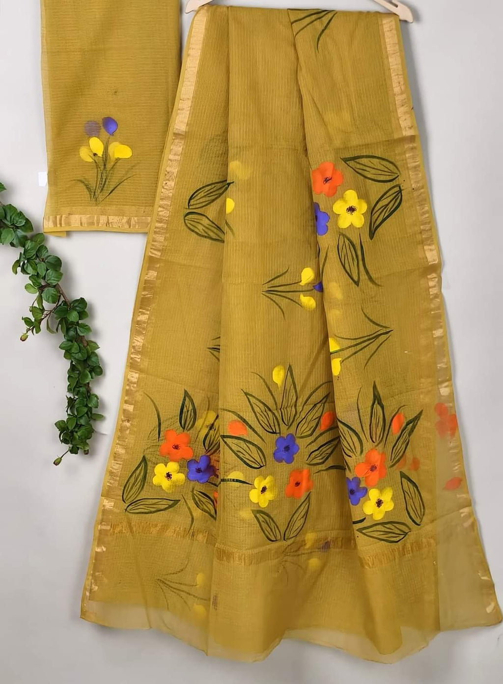 Kota Cotton Saree with Hand Brush Painting Mustard