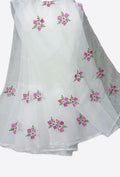 White Embroidery Flowers Pink Cotton Saree