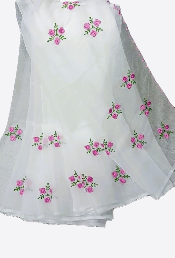 White Embroidery Flowers Pink Cotton Saree