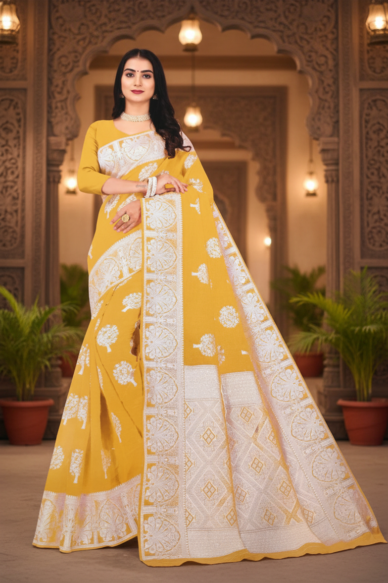 Cotton Saree Yellow Wide Border Work