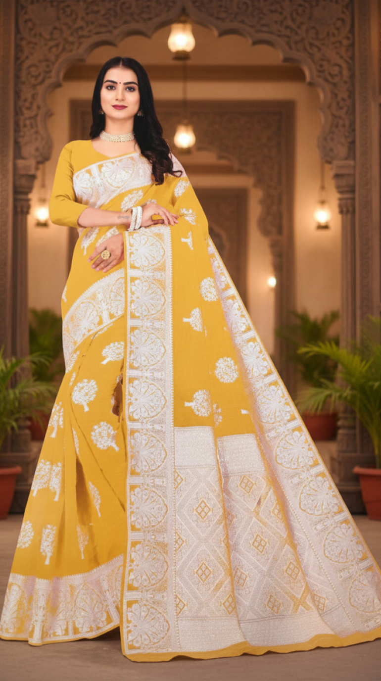 Cotton Saree Yellow Wide Border Work