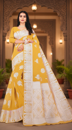 Cotton Saree Yellow Wide Border Work