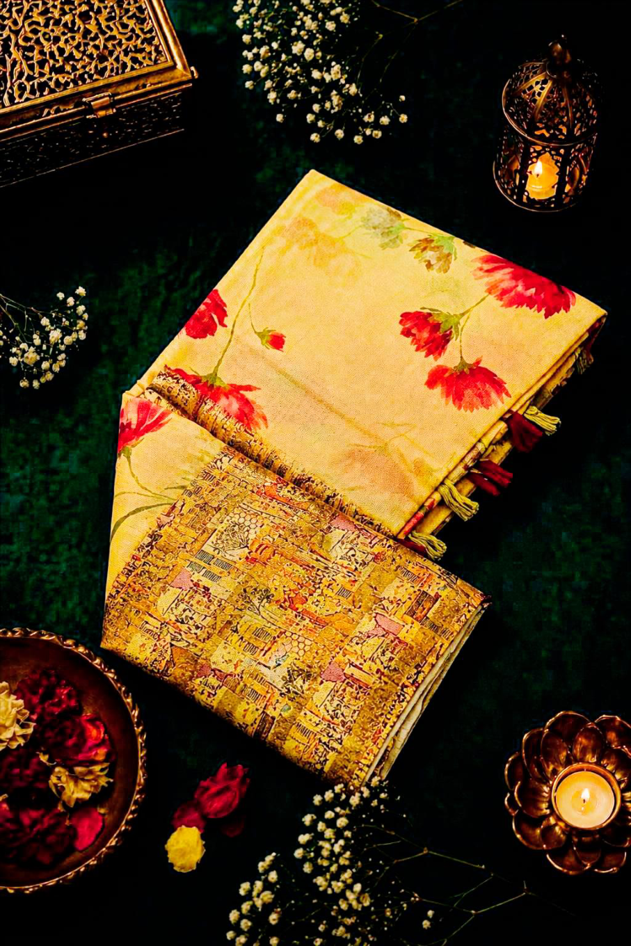 Cotton Saree Yellow 3D Print