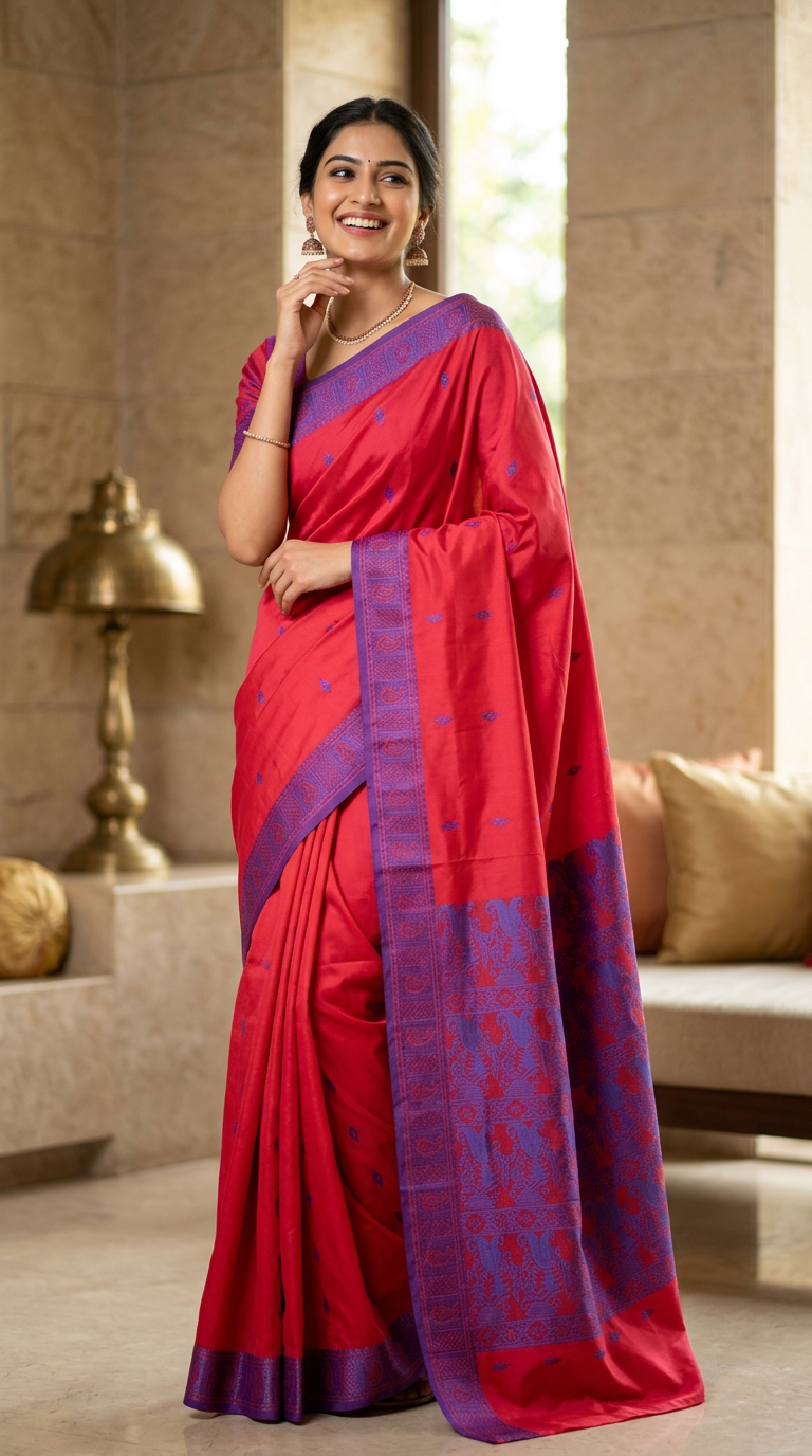 Banarasi Soft Silk Saree Carrot Red Blue