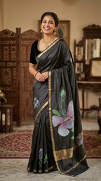 Katan Silk Saree Black Floral