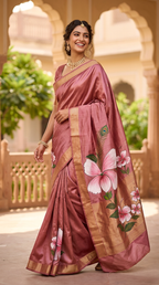 Katan Silk Saree Brown Floral