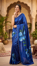 Katan Silk Saree Navy Blue Floral
