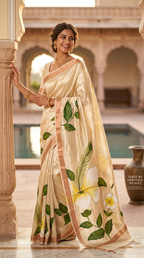 Katan Silk Saree Off White Golden Floral