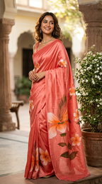 Katan Silk Saree Orange Peach Floral