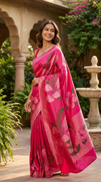 Katan Silk Saree Rani Pink Bright Floral