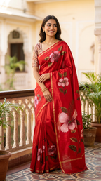 Katan Silk Saree Bright Red Floral