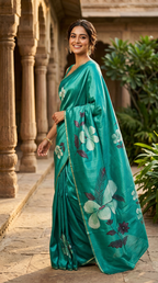 Katan Silk Saree Teal Green Floral