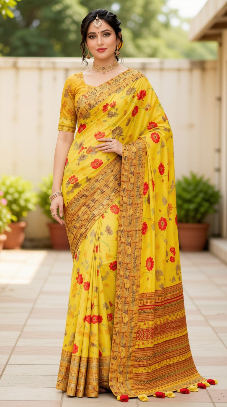 Cotton Saree Yellow 3D Print
