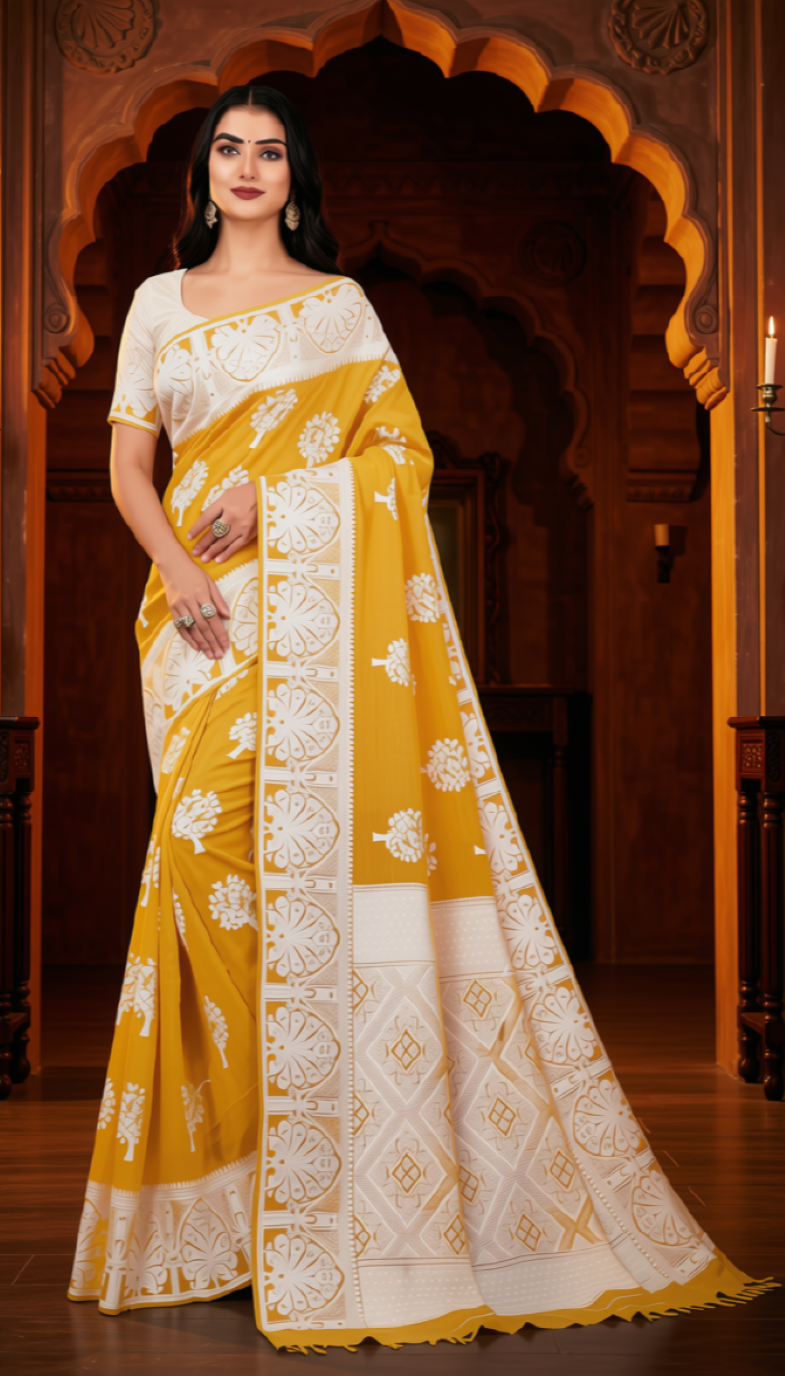 Cotton Saree Yellow Wide Border Work