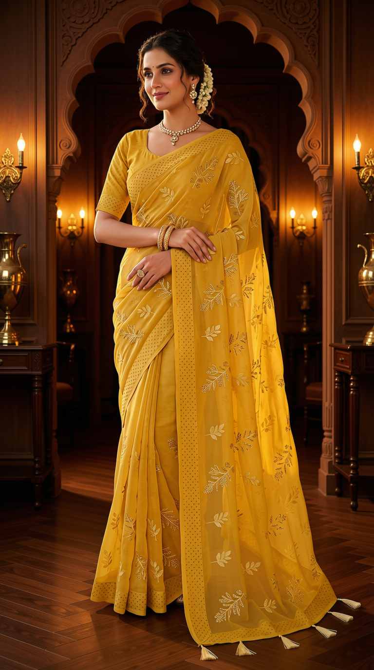 Radiant Yellow Georgette Designer Saree with Floral Embroidery