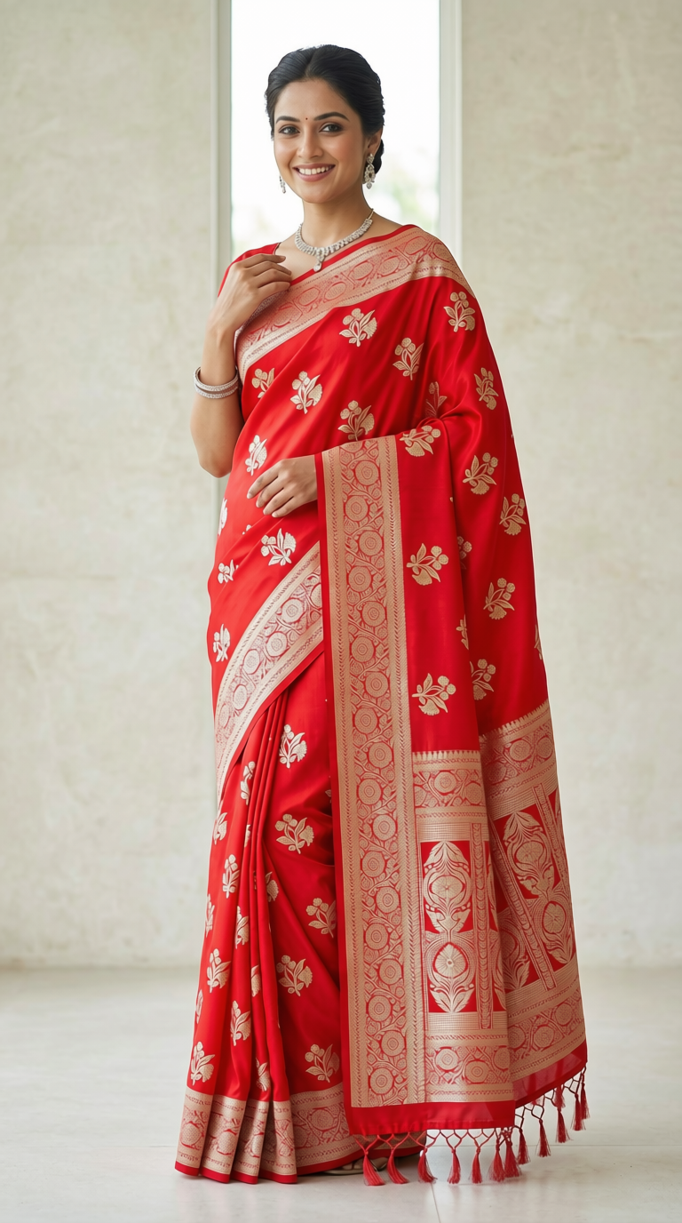 Vibrant Red Silk Saree with Silver Floral