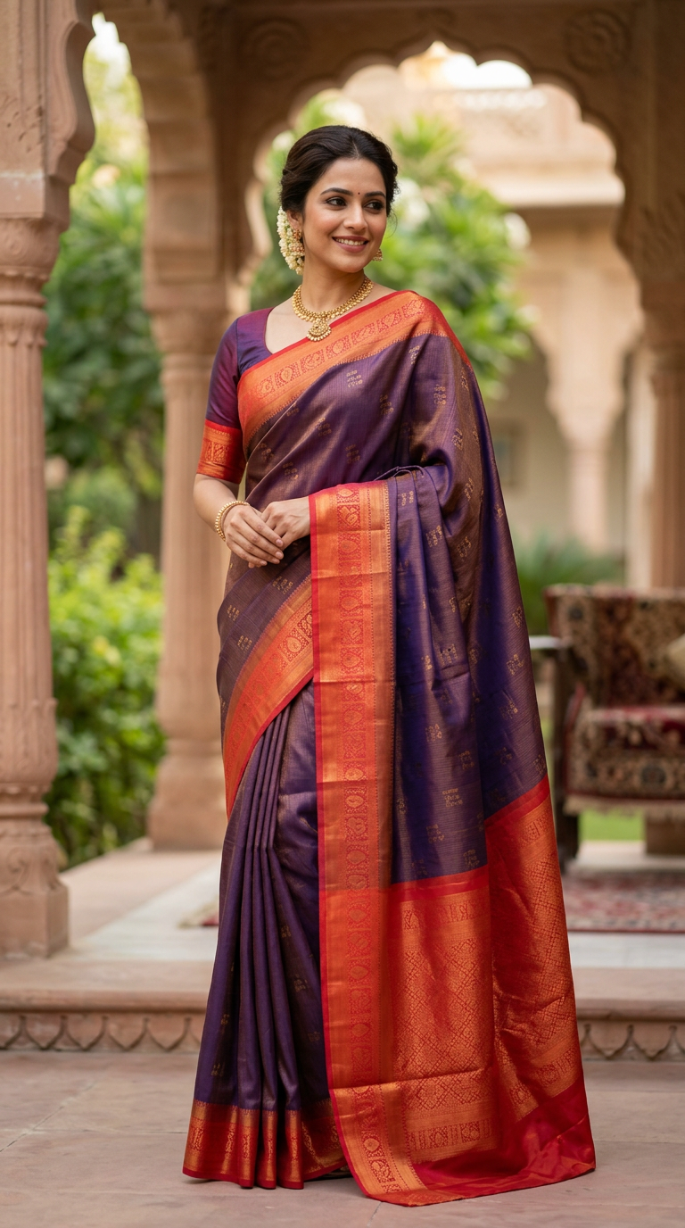 Beautiful Silk Saree Blue Red Pattern
