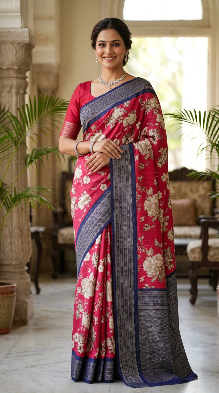Beautiful Silk Saree Light Carrot Red Blue