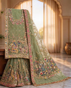 Luxurious Sage base Net Designer Saree with Royal Embroidery