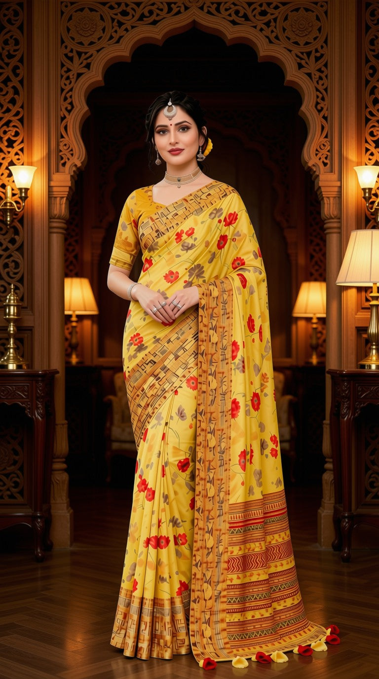 Cotton Saree Yellow 3D Print