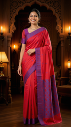 Minimalist Red Banarasi Soft Silk Saree with Blue Contrast Border