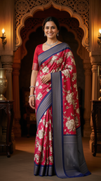 Contemporary Red Silk Saree with Floral Print and Navy Border