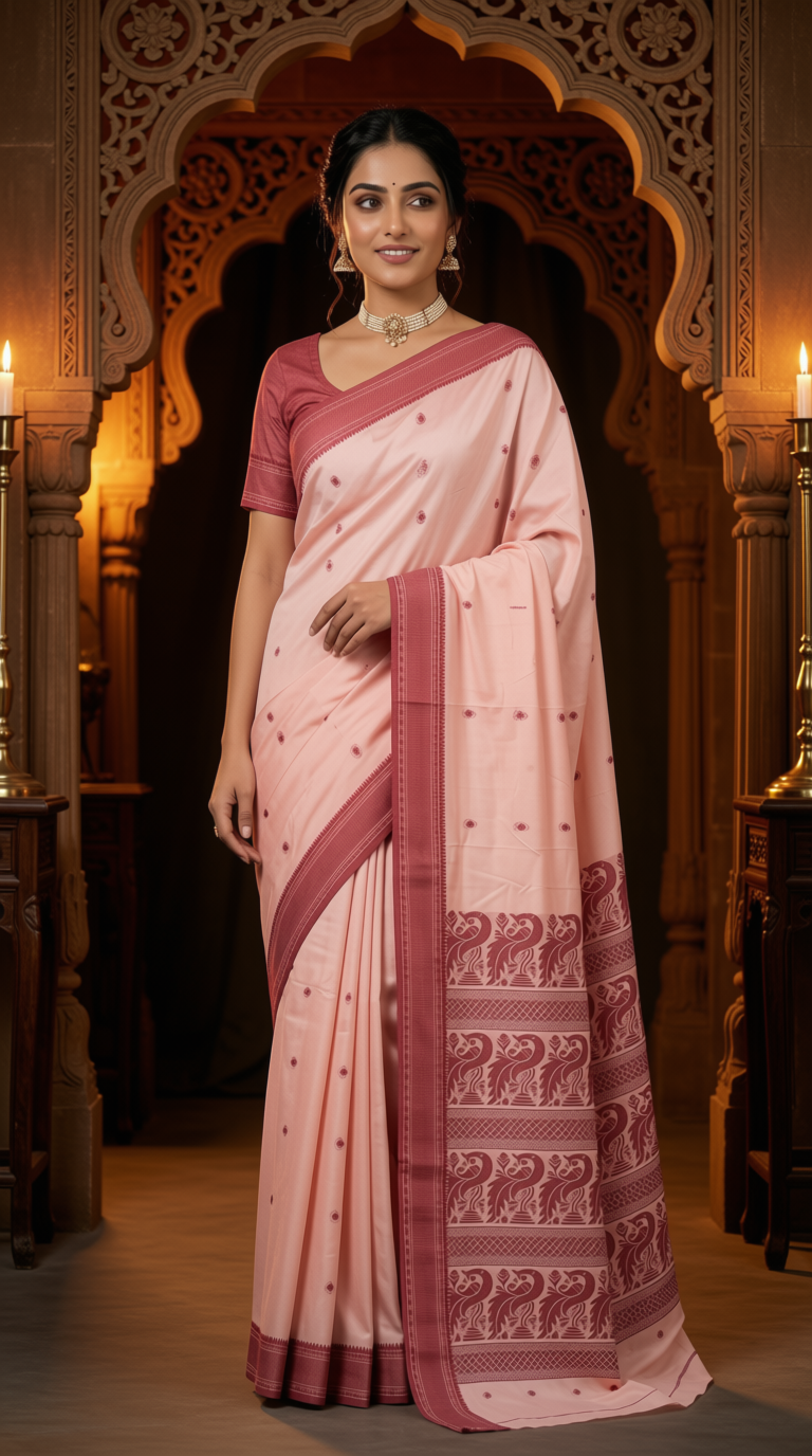 Blush Pink Banarasi Soft Silk Saree with Rose Border