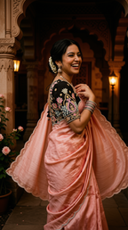 Elegant Rose Pink Peach Satin Crepe Organza Silk Designer Saree with Embellished Blouse