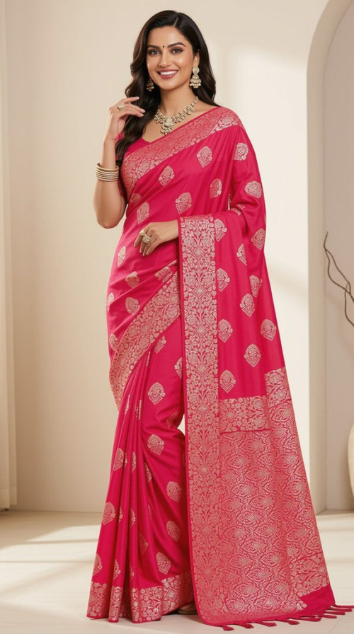 Elegant Pink Silk Saree with Silver Paisley