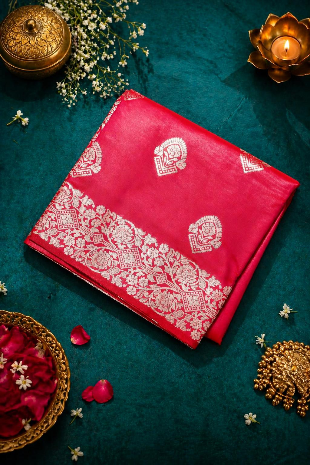 Elegant Pink Silk Saree with Silver Paisley