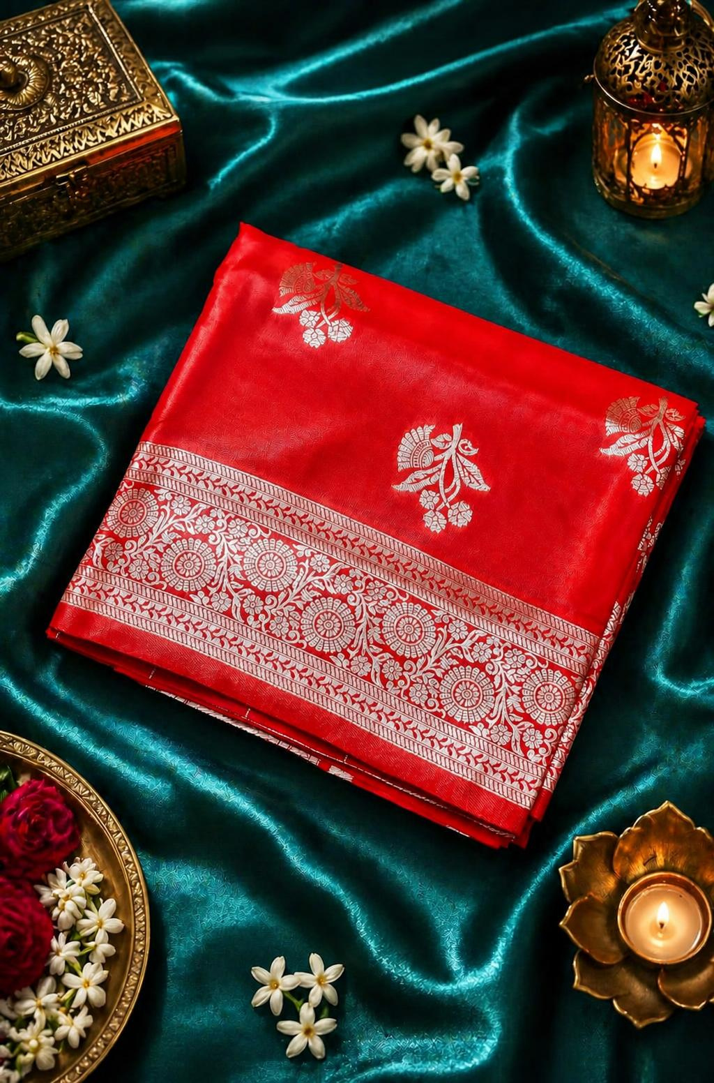 Vibrant Red Silk Saree with Silver Floral